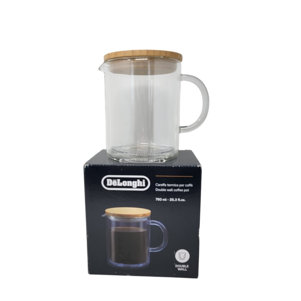 Double Wall Glass Coffee Pot Bamboo Lid‎ 25oz Thermal Carafe Open Box New